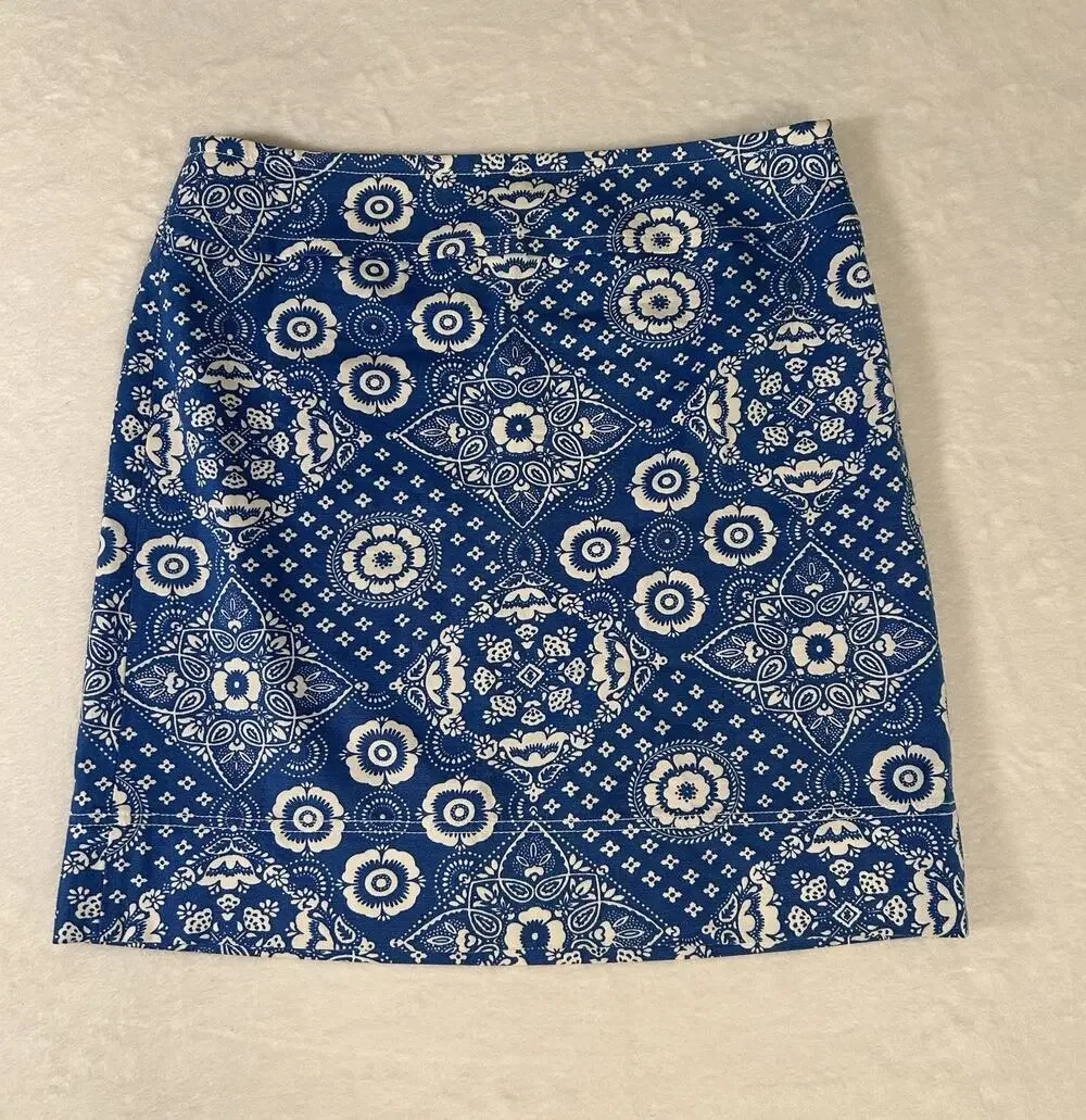 Talbots Paisley Bandana Print A-Line Blue White Skirt Size 8